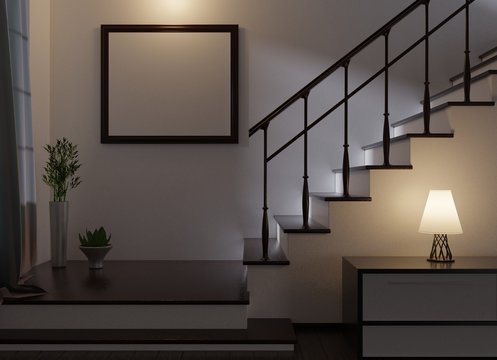 Night Home Interior With An Empty Frame. Lamp On A Table And Stairs To The Second Floor. 3D Rendering.