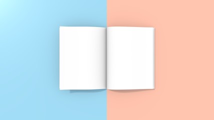 Empty book mockup on a blue and pink background. Template for book advertisement. 3D rendering.