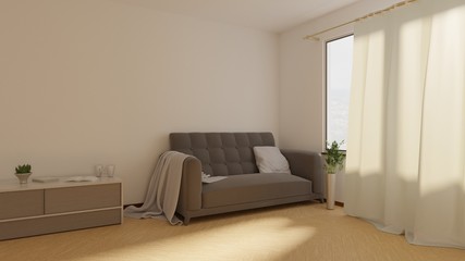 Cozy home interior with sofa and window. Sunbeam on a floor. Table with books and cups. White curtains. 3D rendering.