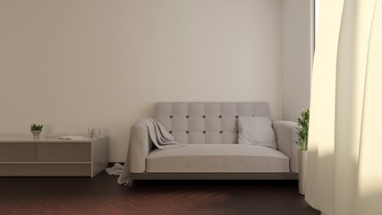 Living room with sofa and table. Wooden floor. Window with a curtain. 3D rendering.