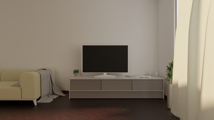 TV mock up interior with sofa and curtains. Wooden floor. 3D rendering.