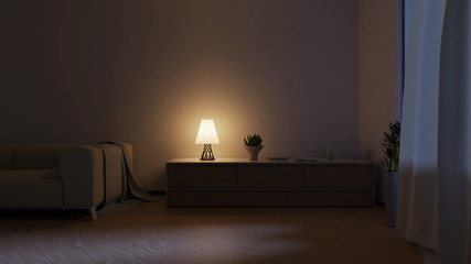 Night home interior with a lamp on a table and moonlight. Couch with a blanket. 3D rendering.