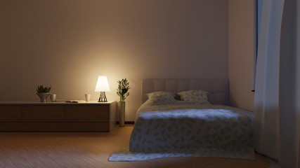 Night scene of a hotel room with a bed and lamp on a table. Bedroom interior. 3D rendering.