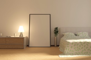 Home interior mock up with a frame on a floor in the bedroom. Empty frame for lettering, photo or illustration. 3D rendering.