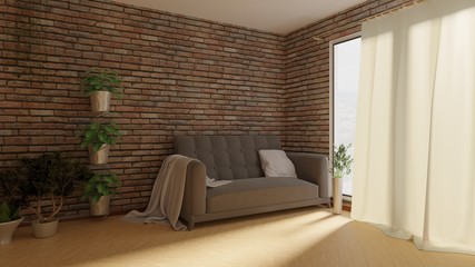 Home interior with a brick wall and window. Cozy room with wooden floor. 3D rendering.