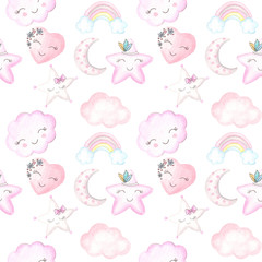 Obraz na płótnie Canvas Watercolor illustration for children's design for girls. Cute pink pictures. Children's textile seamless pattern.