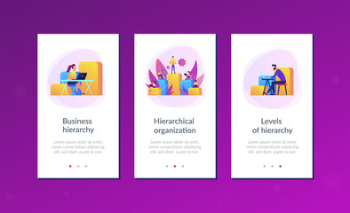 Businessmen work with laptops on graph columns. Business hierarchy, hierarchical organization, levels of hierarchy concept on white background. Mobile UI UX GUI template, app interface wireframe