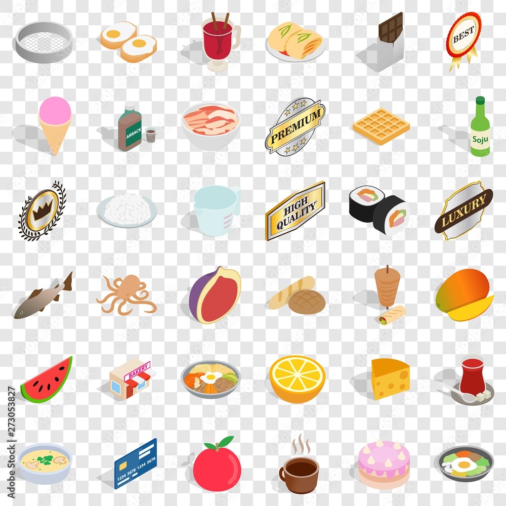Poster cafe icons set. isometric style of 36 cafe vector icons for web for any design