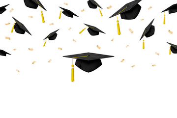 Vector graduation banner with ceremony caps isolated in air on white background