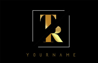 TR Golden Letter Logo with Cutted and Intersected Design - obrazy, fototapety, plakaty