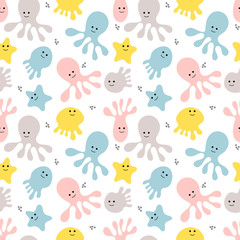 Sea life. Doodle seamless pattern. Vector illustration.