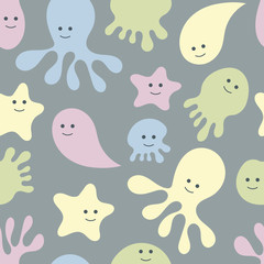 Sea life. Doodle seamless pattern. Vector illustration.