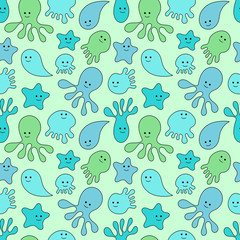 Sea life. Doodle seamless pattern. Vector illustration.