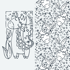 Oh, summer! Cute little giraffe, cartoon hand drawn vector seamless pattern.