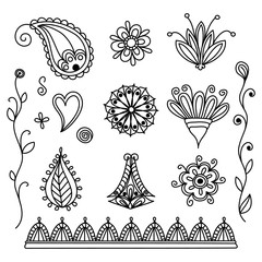 Set of simple indian mehendi. Henna collection with doodle swirls and flowers. Vector illustration decor. 