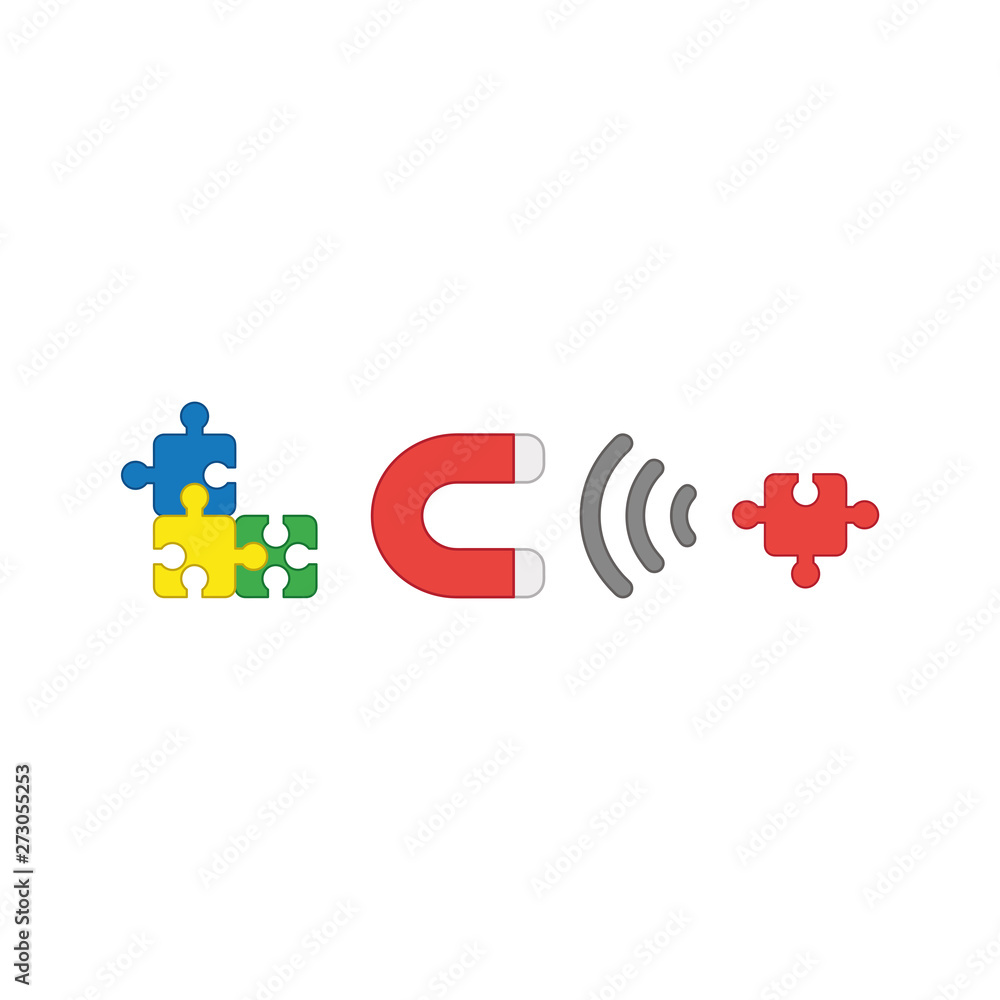Poster vector icon concept of three puzzle pieces connected and magnet attracting missing puzzle piece.