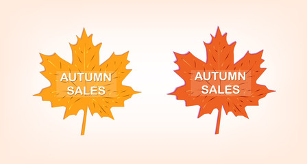 Autumn sales. Maple leaf. Banner or simple poster. Logo. Vector illustration. Flat style. Red and orange colors. Gold gradients.