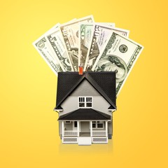 Dollar bills and house model on light background