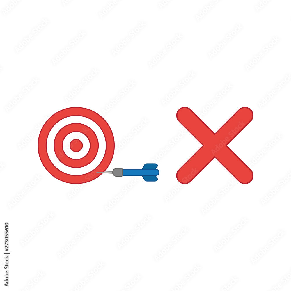 Poster vector icon concept of bulls eye with dart in the side with x mark symbolizes unsuccess.