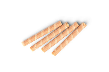 Sweet chocolate waffle rolls isolated on white background.