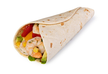burrito with vegetables and tortilla, isolated on white