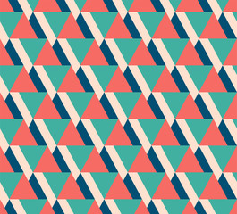 Obraz premium Vector illustration background of multicolored triangles. Seamless pattern of green blue pink and beige geometric shapes. Stylish flat design.