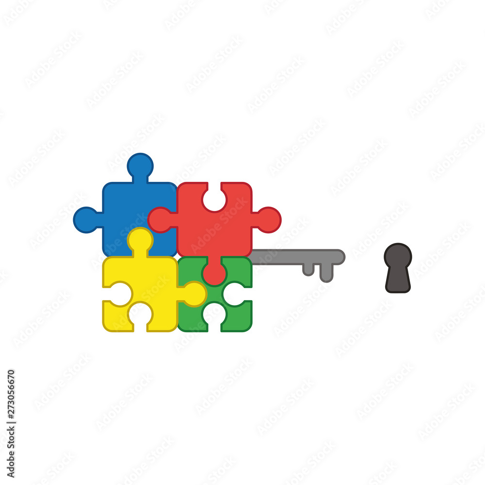 Poster vector icon concept of four part connected jigsaw puzzle pieces key and keyhole.