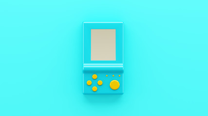 Mock up. Retro blue electronic game. Vintage style pocket game. Interactive playing device. 3d illustration