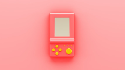 Mock up. Retro pink electronic game. Vintage style pocket game. Interactive playing device. 3d illustration