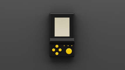 Mock up. Retro black electronic game. Vintage style pocket game. Interactive playing device. 3d illustration