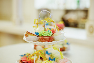 Vanilla bean mini cupcakes decorated with cyan and pink candy beads on a clear tiered tray on a dessert table.Sweet table with fruit, biscuits. Wedding catering. Candy bar on party.Delicious cupcakes