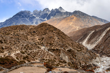 Scenic valley and Himalayan mountains peaks on the trek between Tengboche and Dingboche, Nepal.