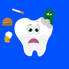 Molar tooth with caries due to bad nutrition.