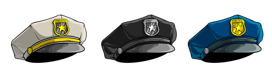 Cartoon colorful police peaked cap with golden badge and star. Isolated on white background. Vector icon set.