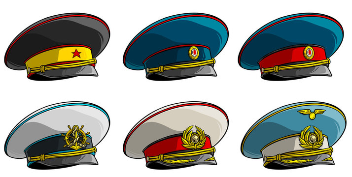 Cartoon soviet military officer peaked cap with red star, anchor and wings on cockade. Isolated on white background. Vector icon set.