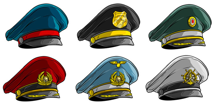 Cartoon colorful different peaked caps with cockade. Officer and postman. Policeman, pilot and sailor. Isolated on white background. Vector icon set. Vol. 2