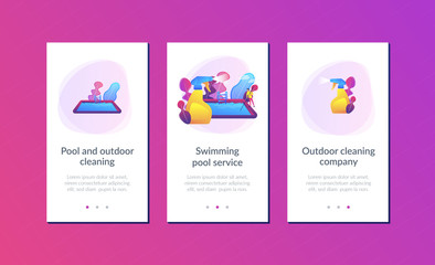 Swimming pool service worker with net cleaning water. Pool and outdoor cleaning, swimming pool service, outdoor cleaning company concept. Mobile UI UX GUI template, app interface wireframe