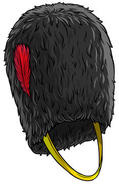 Cartoon black british army bearskin. Tall fur cap with red feather. Isolated on white background. Vector icon.