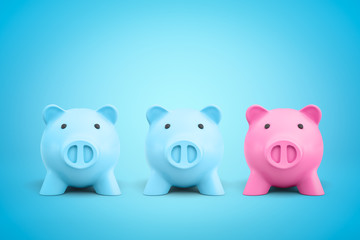 3d rendering of two blue and one pink piggy banks on blue background