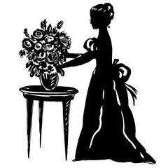Woman silhouette in antique dress with flowers in vase on table. Beautiful female character on springtime, summer monochrome background for modern design, cover, surface, print, poster, interior decor