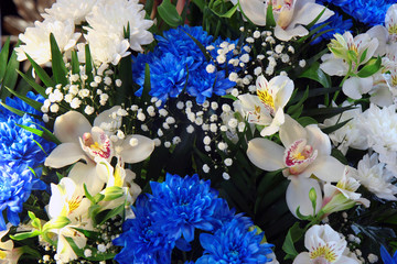 Gorgeous colorful bouquet with white and blue flowers 