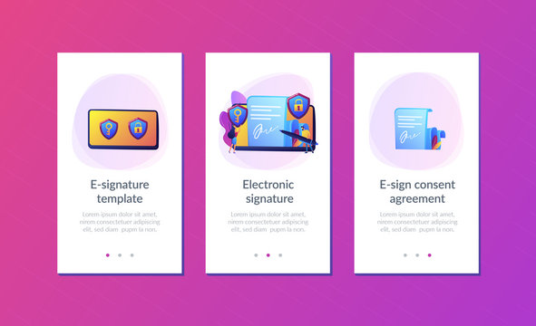 Businessman Putting Electronic Signature On Document, Security Shields. Electronic Signature, E-signature Template, E-sign Consent Agreement Concept. Mobile UI UX GUI Template, App Interface Wireframe