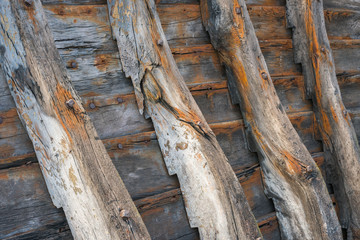   The remains of an ancient wooden vessel. The history of shipbuilding.