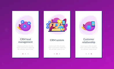 Manager shakes hands with customer, strategy for interactions with client. Customer relationship management, CRM system, CRM lead management concept. Mobile UI UX GUI template, app interface wireframe