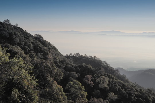 Mountain view misty morning of top hill around with sea of mist and blue sky background, sunrise at Doi Ang Khang, Monzone view point, Chiang Mai, Thailand.