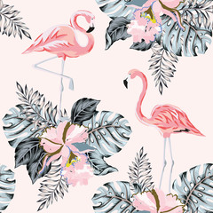 Tropical pink flamingo, orchid flowers, monstera, gray palm leaves, blush background. Vector seamless pattern. Jungle illustration. Exotic plants, birds. Summer floral design. Paradise nature