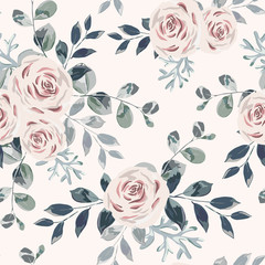 Pale rose, gray leaves bouquets background. Vector floral illustration. Seamless pattern. Romantic garden flowers. Faded colors. Summer nature