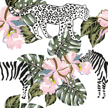 Tropical leopard, zebra animal, palm leaves, orchid flowers, white background. Vector seamless pattern. Graphic illustration. Exotic jungle. Summer beach floral design. Paradise nature