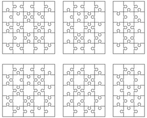 Illustration of six different white puzzles, separate pieces