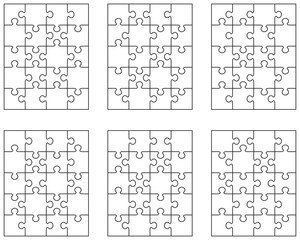 Illustration of six different white puzzles, separate pieces